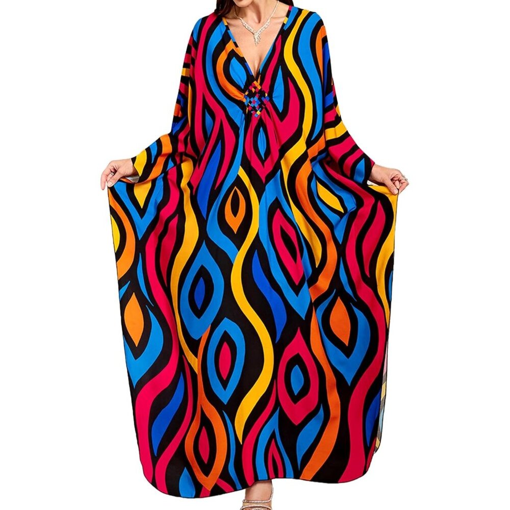 Womens Red Abstract Geometry V-Neck Batwing Sleeves Summer Cover Up Kaftan Dress